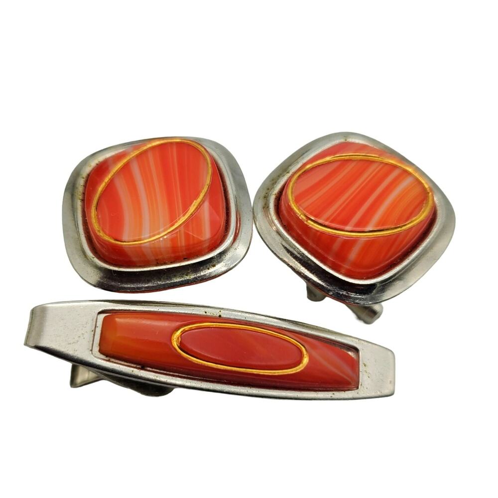 Silver Tone Orange Lucite Swirl Cufflinks Tie Bar MCM Mens Atomic Accessory Mod